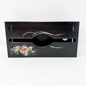 Vintage Wolff Black Metal Tissue Box Cover with Hand-Pained Floral Design